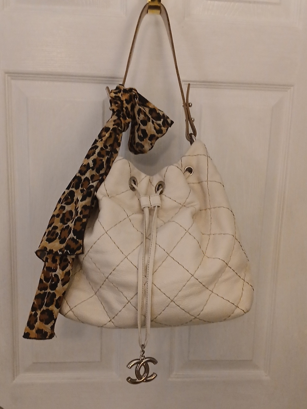 Chanel Leather Drawstring Bucket With Silver Charm